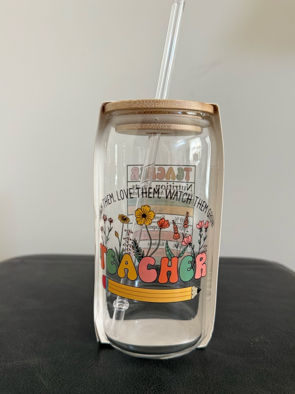 Croton Teacher Glass Cup with Bamboo-Look Lid and Clear Straw